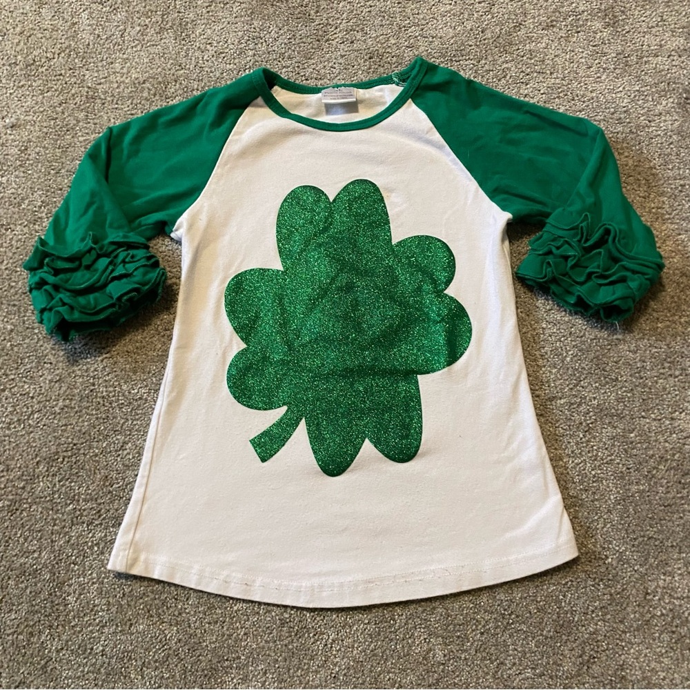 Girl’s Glitter 4 Leaf Clover Shirt with Ruffle Sleeves